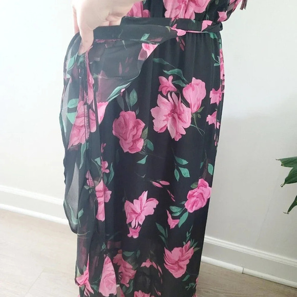 INC International Concepts Pink Black Floral Faux Wrap Midi Flutter Dress 10 M - Picture 8 of 16